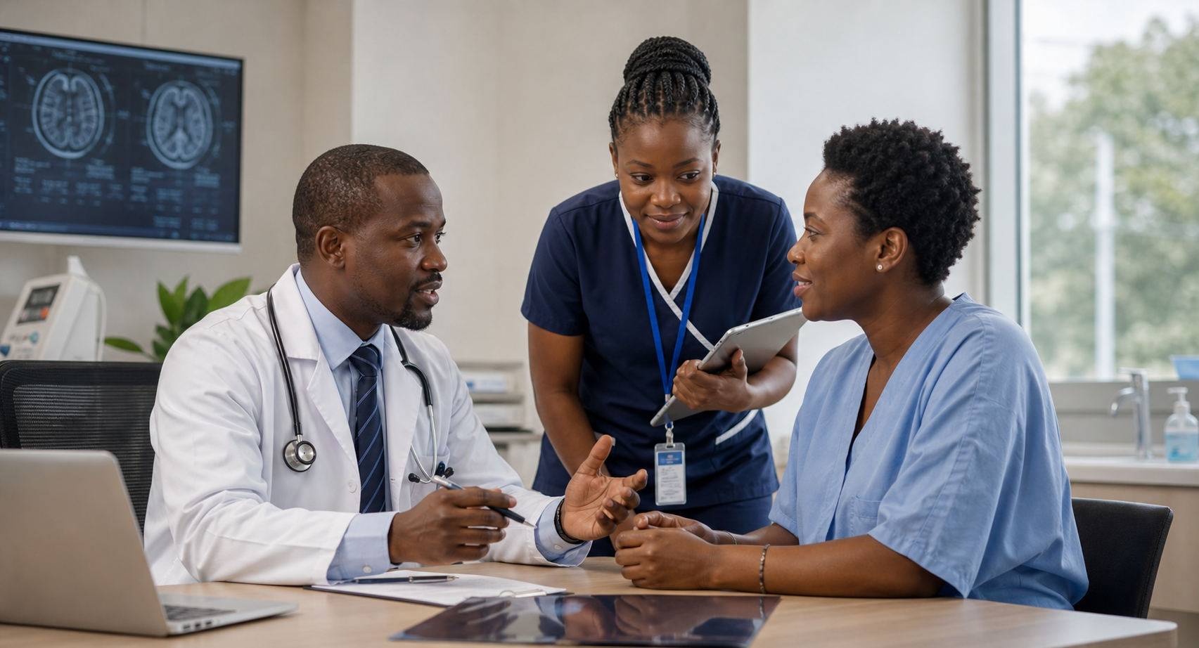 African clinicians coordinating care with a patient in a modern consultation room