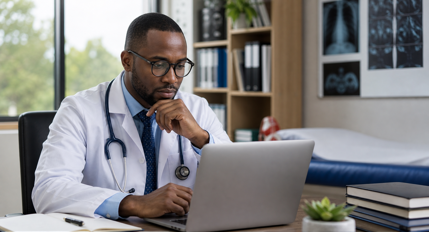 African clinician reviewing healthcare research on a laptop