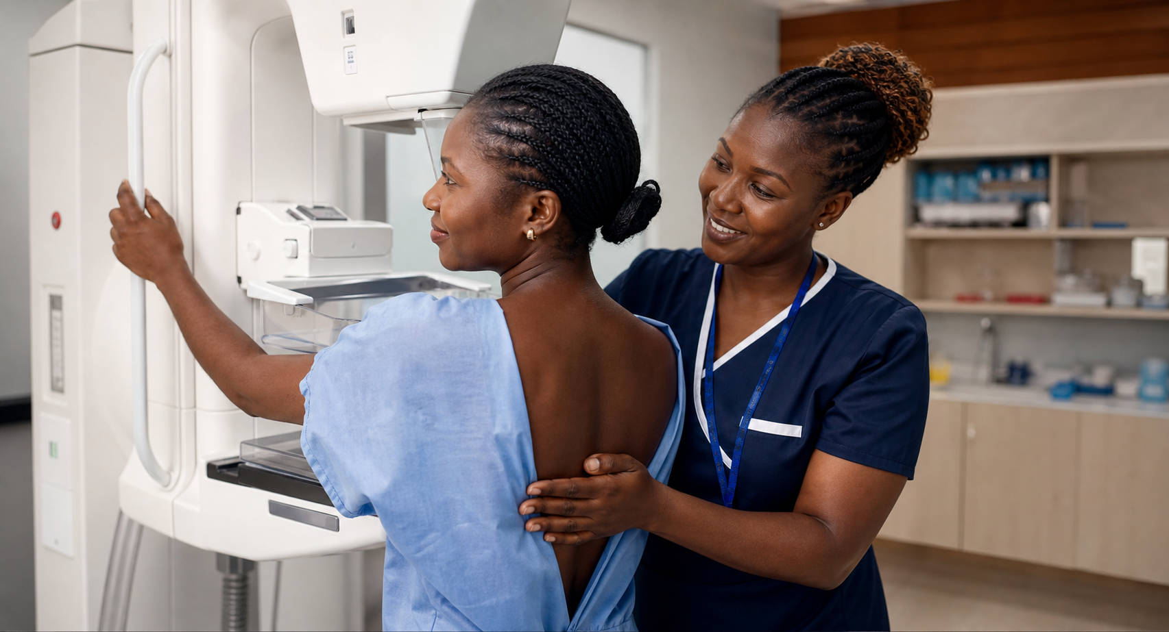 African nurse supporting a patient during diagnostic screening