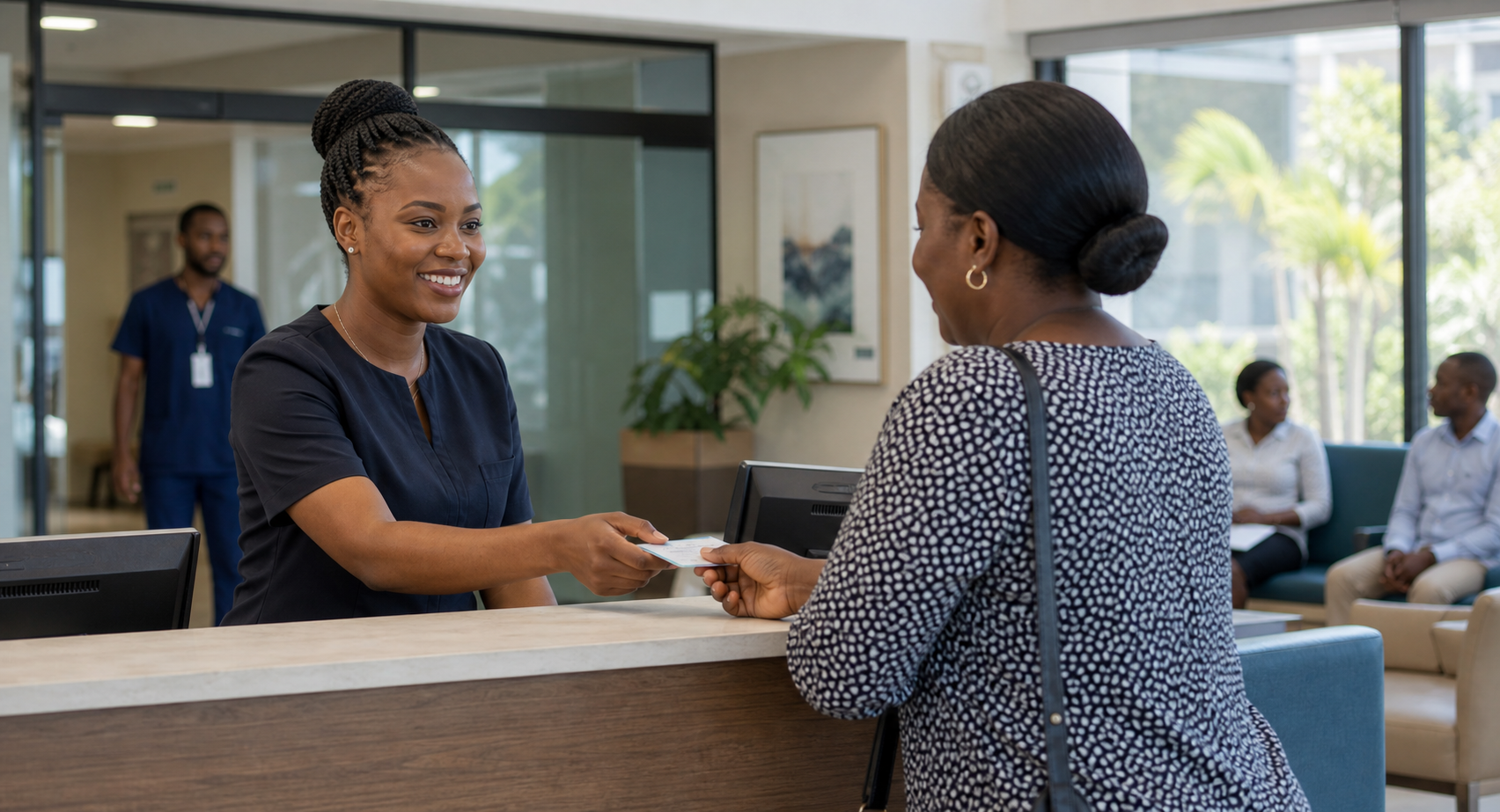African hospital reception team assisting a patient
