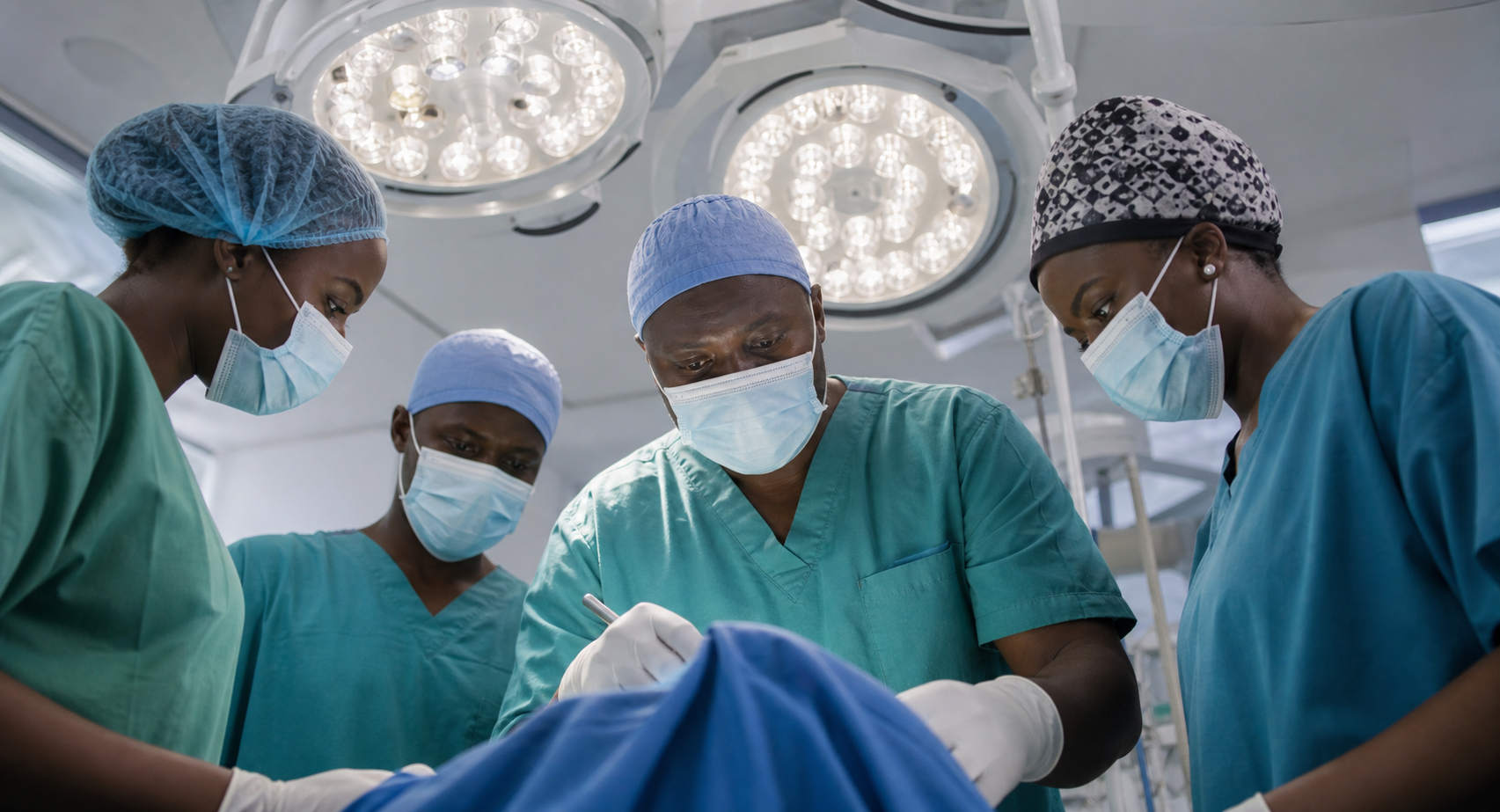 African surgical team working together in a modern operating theatre